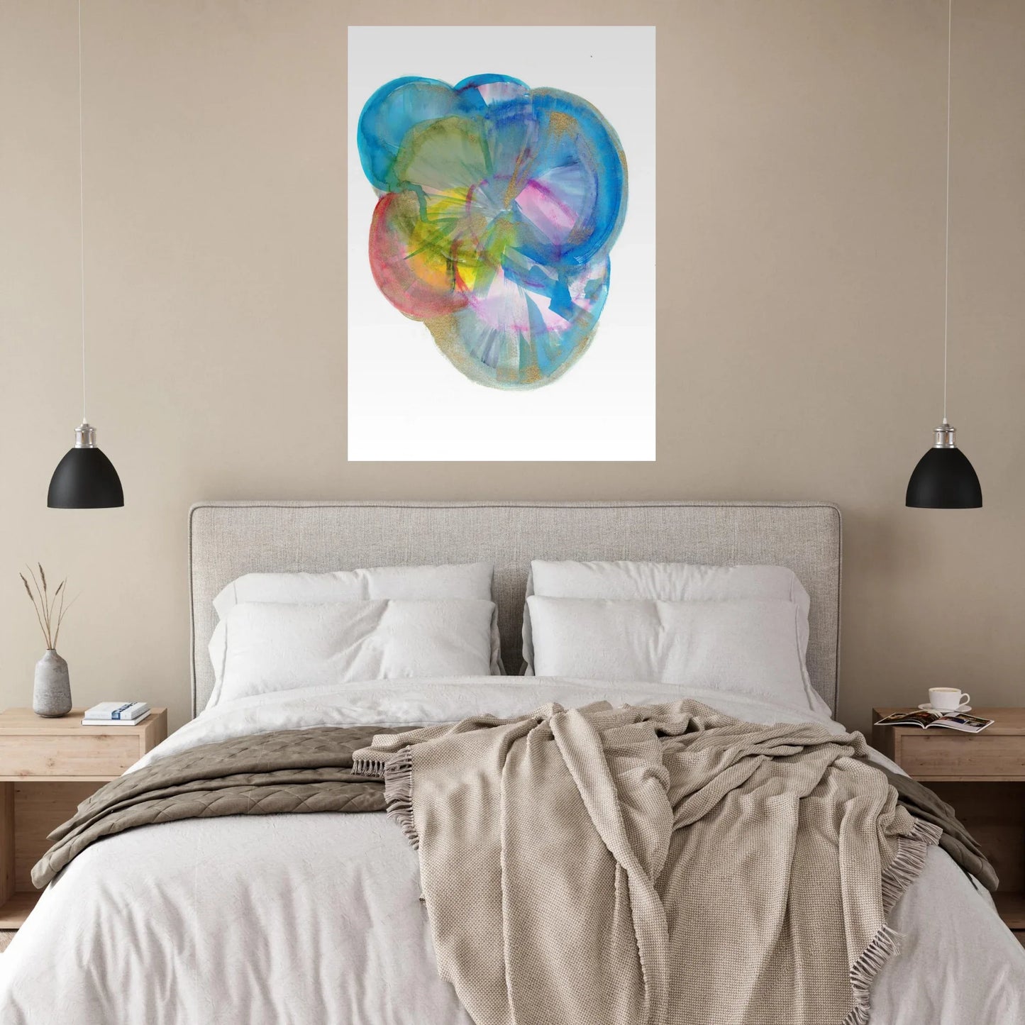 Abstract Gold & Teal Watercolor Burst Matte Paper Poster RDJ3-1: Vibrant Art for Your Space - Laure Leprince - Artiste Peintre