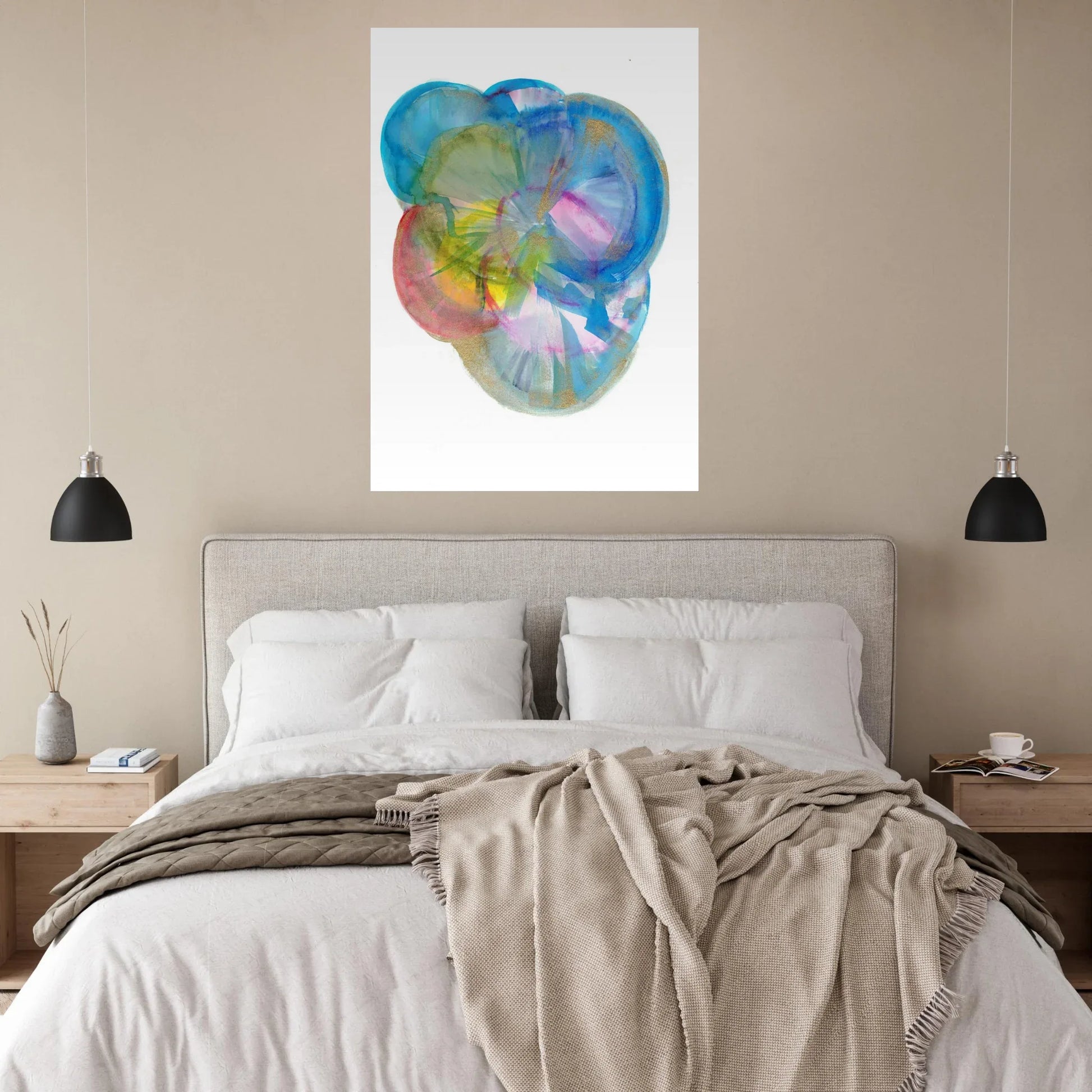 Abstract Gold & Teal Watercolor Burst Matte Paper Poster RDJ3-1: Vibrant Art for Your Space - Laure Leprince - Artiste Peintre