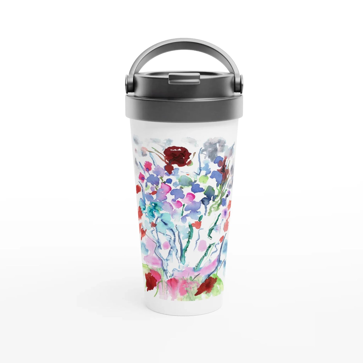 Mug de voyage blanc en acier inoxydable – 44 cl Floral | Élégant, pratique et isotherme - Laure Leprince - Artiste Peintre
