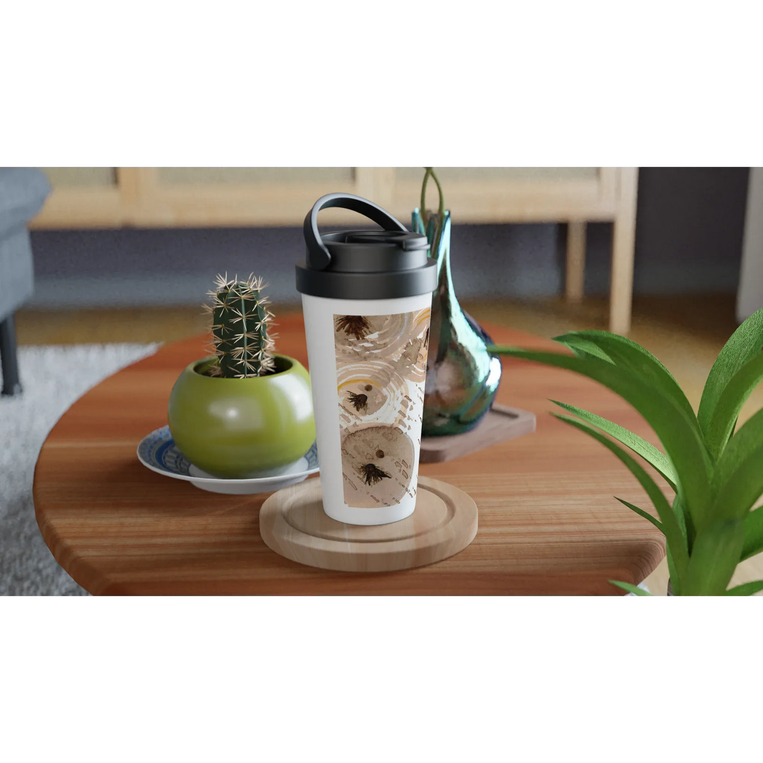 Mug de voyage blanc en acier inoxydable – 44 cl Sables stellaires | Élégant, pratique et isotherme - Laure Leprince - Artiste Peintre