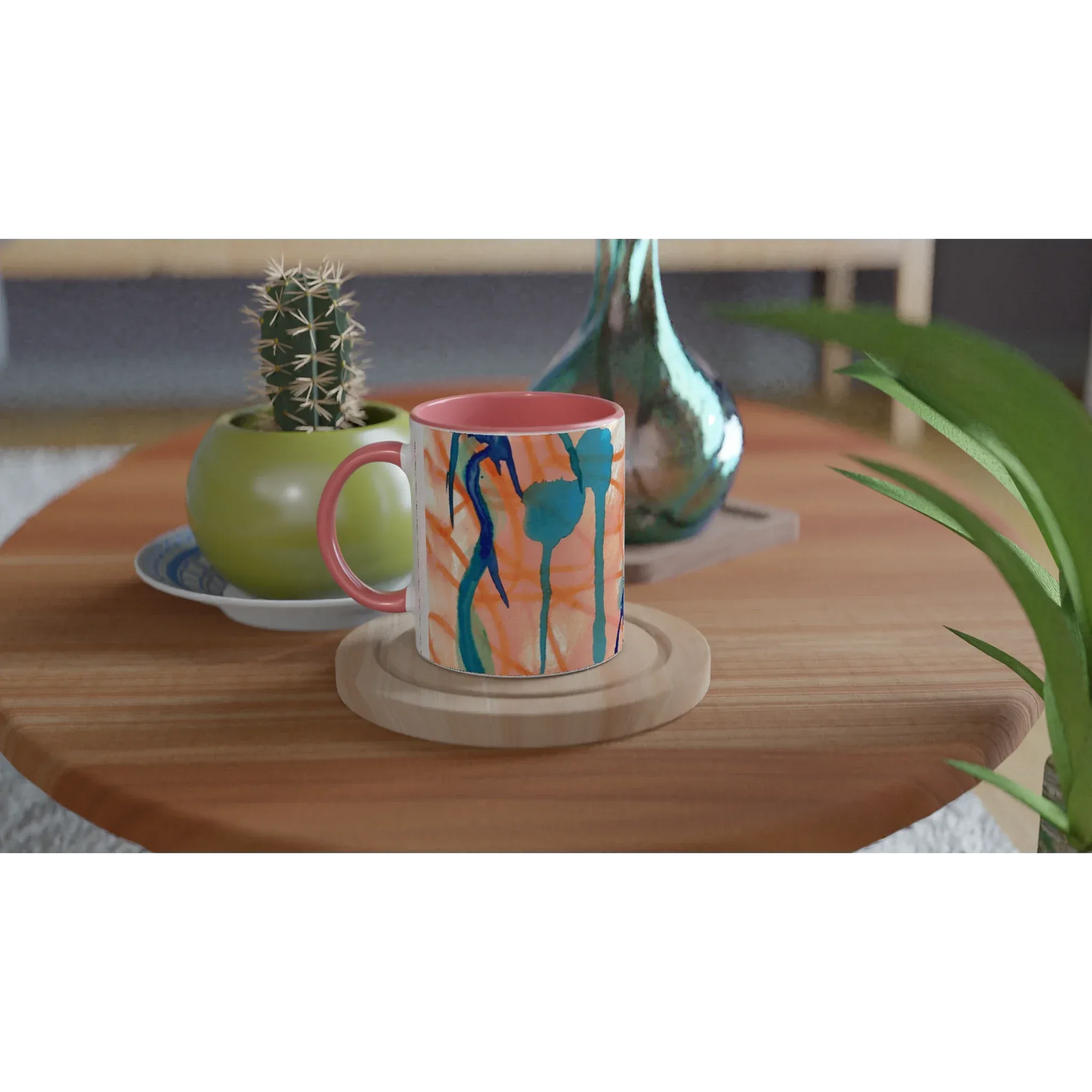 White 11oz Ceramic Mug with Color Inside Saphir Ambre - Laure Leprince - Artiste Peintre