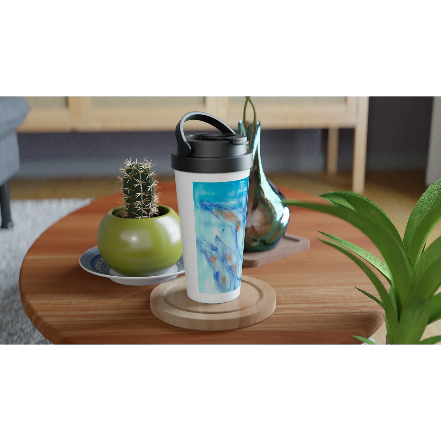 Mug de voyage isotherme 450 ml (15 oz) Blue Sprouts- Étanche, réutilisable et design artistique - Laure Leprince - Artiste Peintre