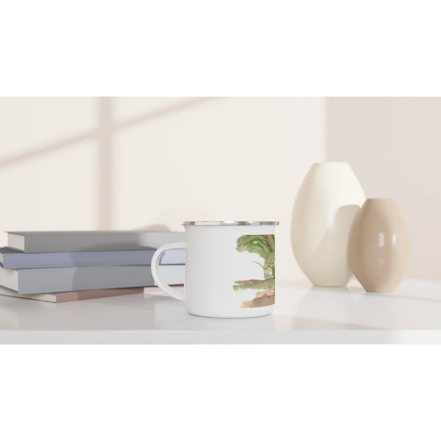 Mug en émail blanc 35 cl Terrasses de lotus – Léger, vintage et résistant - Laure Leprince - Artiste Peintre