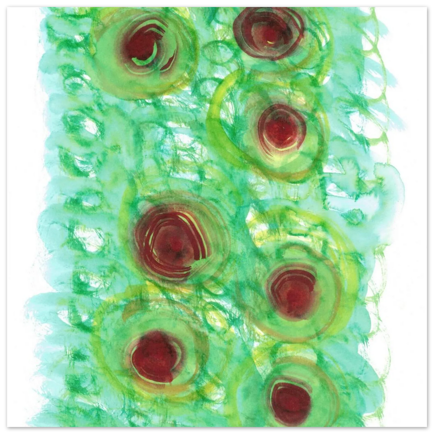 Abstract Floral Bloom Watercolor Poster - Vibrant Green & Red Art Print RDJ3-1 - Laure Leprince - Artiste Peintre