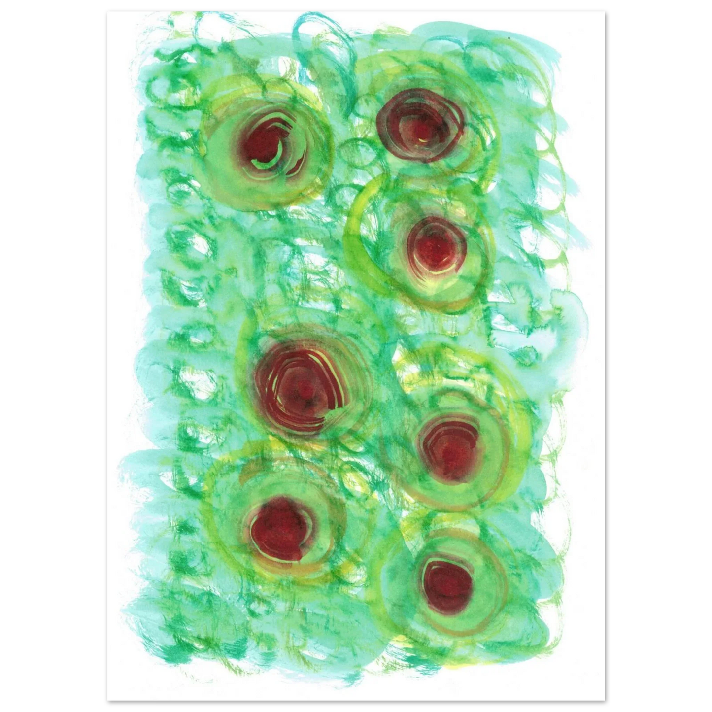 Abstract Floral Bloom Watercolor Poster - Vibrant Green & Red Art Print RDJ3-1 - Laure Leprince - Artiste Peintre