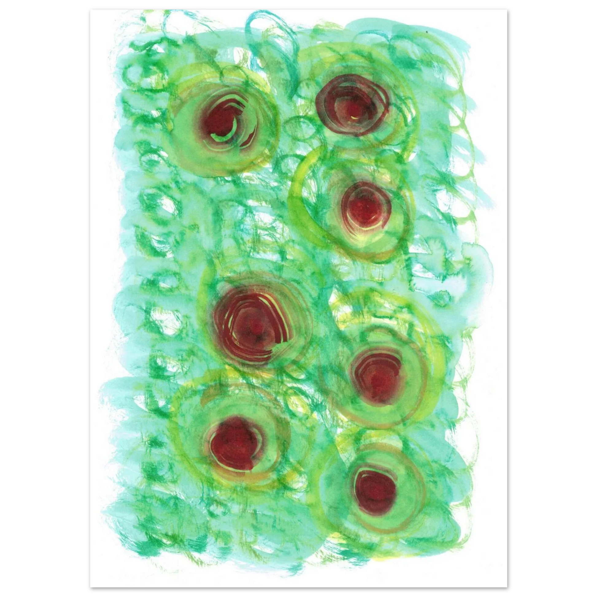 Abstract Floral Bloom Watercolor Poster - Vibrant Green & Red Art Print RDJ3-1 - Laure Leprince - Artiste Peintre