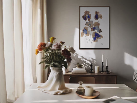 Iris sépia — Affiche  aquarelle abstraite bleu & brun
